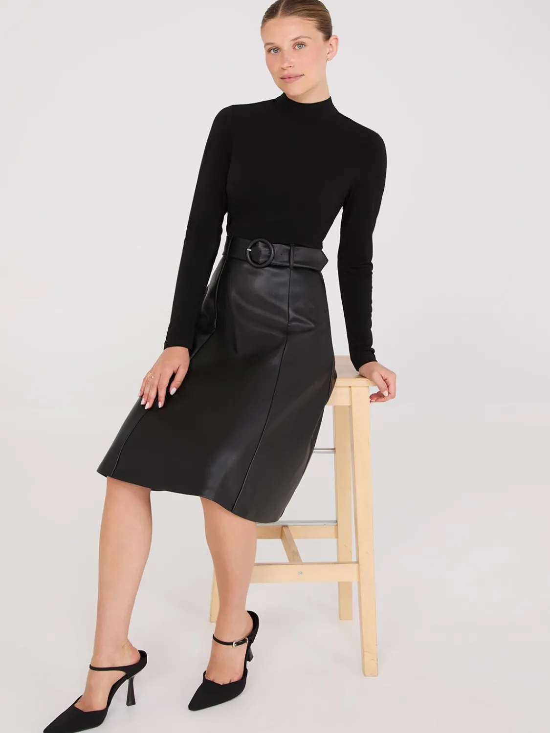 Suzy Shier Work Dresses|Dresses>2-Fer Mock Neck Faux Leather Dress