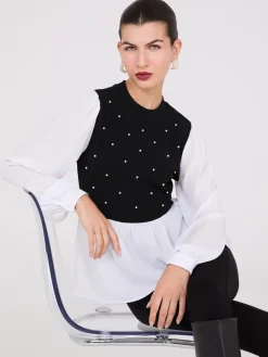Suzy Shier Tops|Long Sleeve>2-Fer Pearl Embellished Peplum Top
