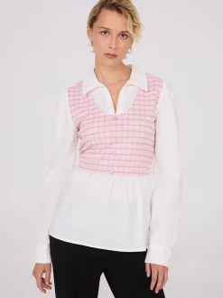 Suzy Shier Tops|Long Sleeve>2-Fer Plaid Boucle Vest With Blouse
