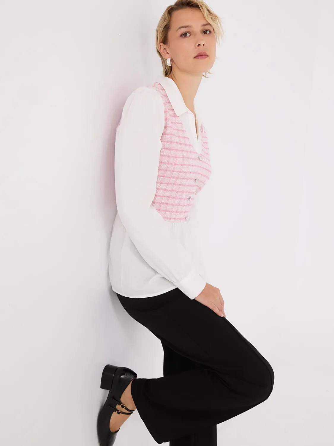 Suzy Shier Tops|Long Sleeve>2-Fer Plaid Boucle Vest With Blouse