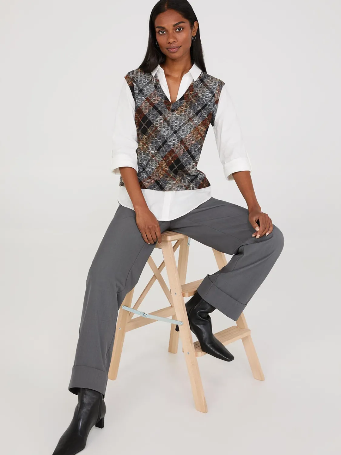 Suzy Shier Tops|Long Sleeve>2-Fer Plaid Vest With Blouse