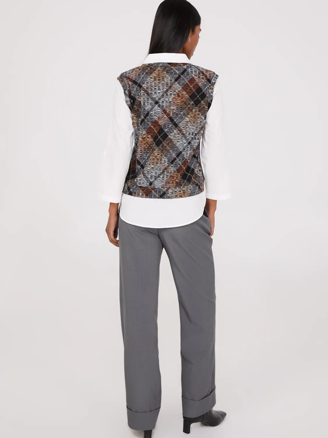 Suzy Shier Tops|Long Sleeve>2-Fer Plaid Vest With Blouse