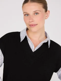 Suzy Shier Long Sleeve>2-Fer Striped Blouse With Short Sleeve Top