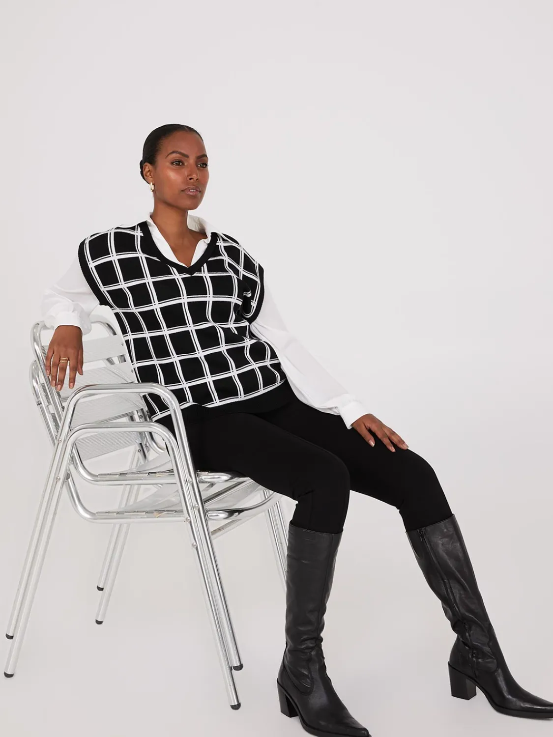 Suzy Shier Long Sleeve|Sweaters & Cardigans>2-Fer Windowpane Print Vest With Blouse