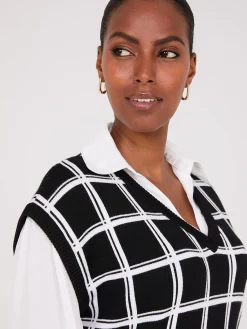 Suzy Shier Long Sleeve|Sweaters & Cardigans>2-Fer Windowpane Print Vest With Blouse