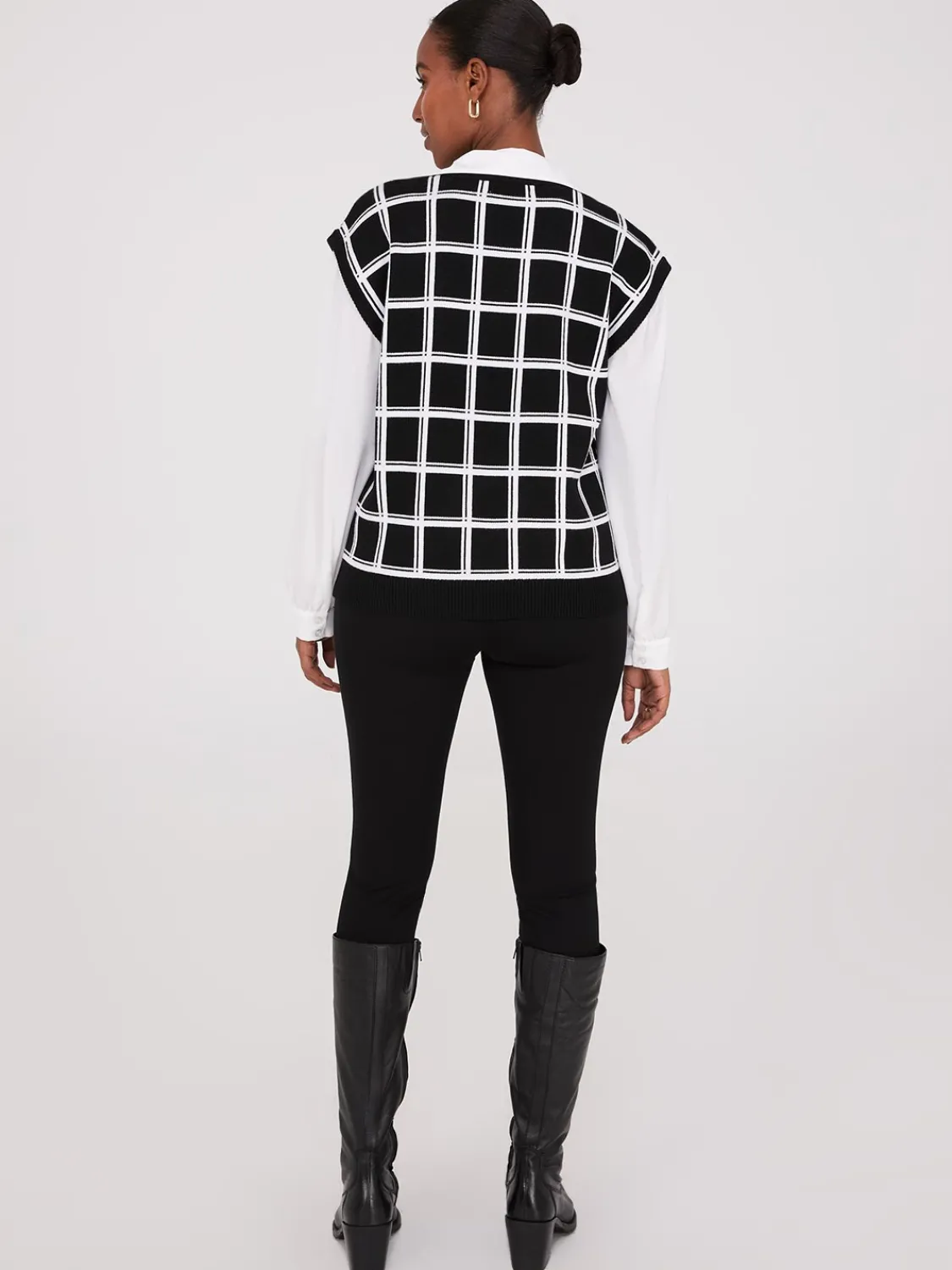 Suzy Shier Long Sleeve|Sweaters & Cardigans>2-Fer Windowpane Print Vest With Blouse