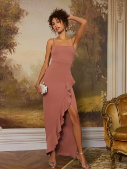 Suzy Shier Evening Gowns - Le Château>Fitted Gown With Ruffled Side Slit