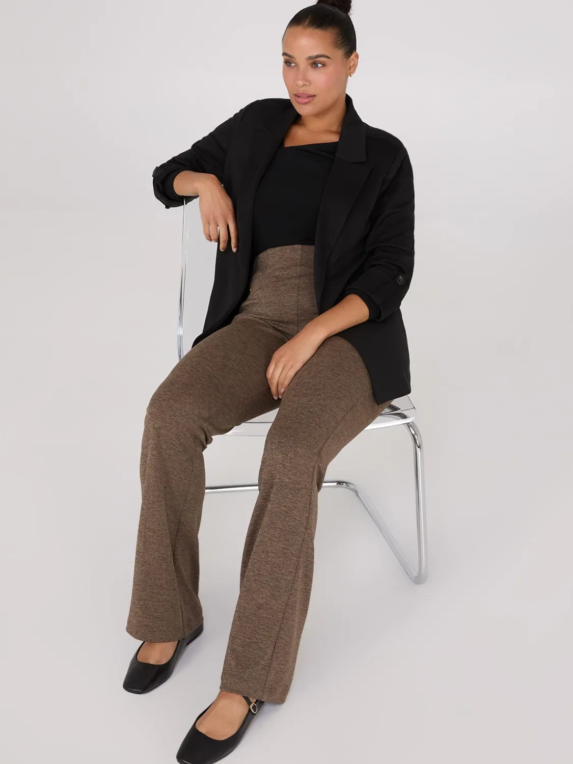 Suzy Shier Pants>Flare Leg Melange Knit Pants