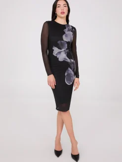 Suzy Shier Midi & Maxi|Party Dresses>Floral Placement Mesh Midi Column Dress