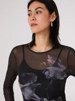 Suzy Shier Tops|Long Sleeve>Floral Placement Mesh Top With Cami