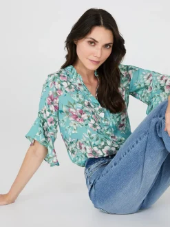 Suzy Shier Tops|Short Sleeve>Floral Print 3/4 Ruffle Sleeve Tunic Blouse