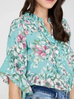 Suzy Shier Tops|Short Sleeve>Floral Print 3/4 Ruffle Sleeve Tunic Blouse