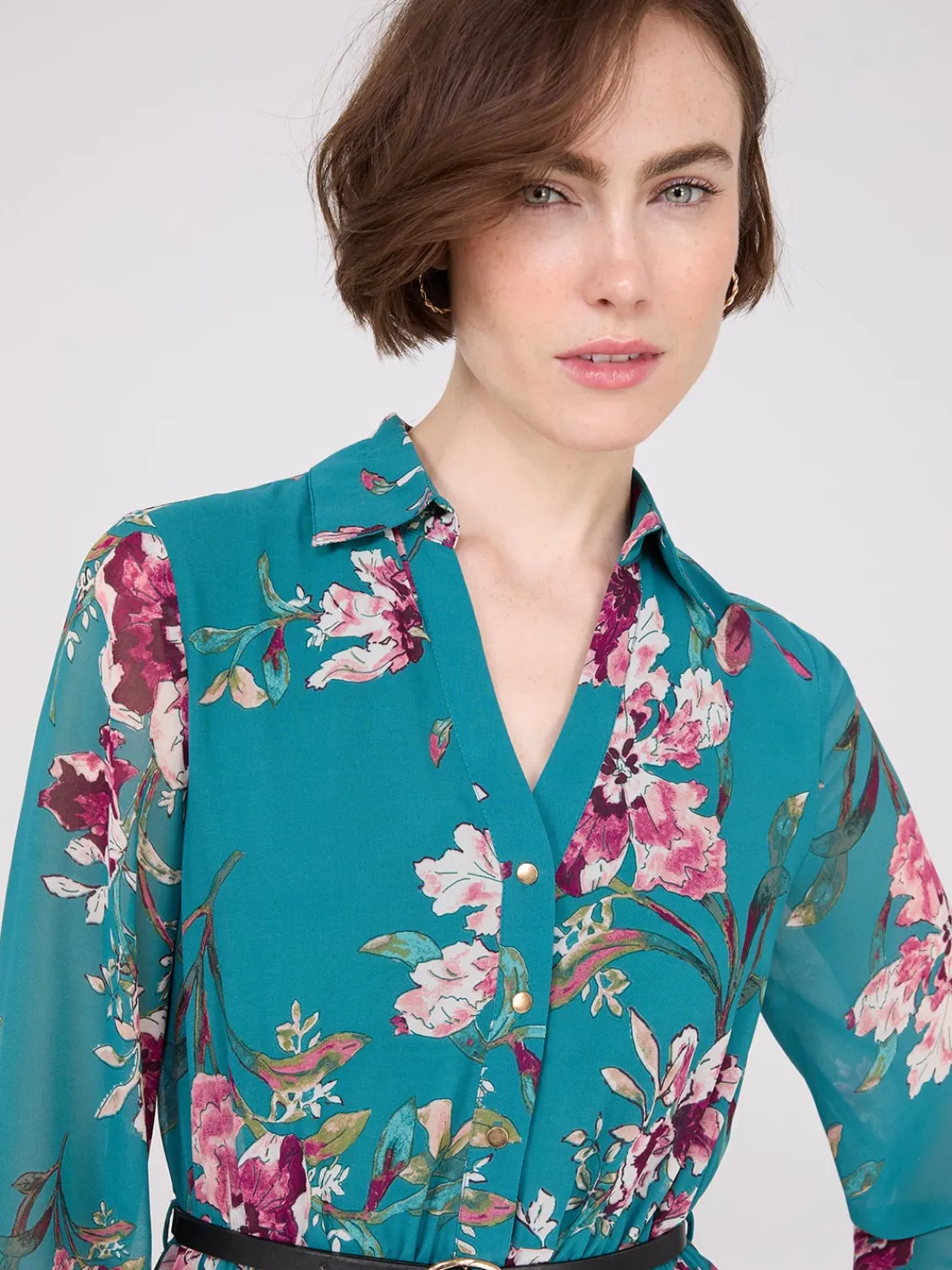 Suzy Shier Casual Dresses|Midi & Maxi>Floral Print Belted Chiffon Dress