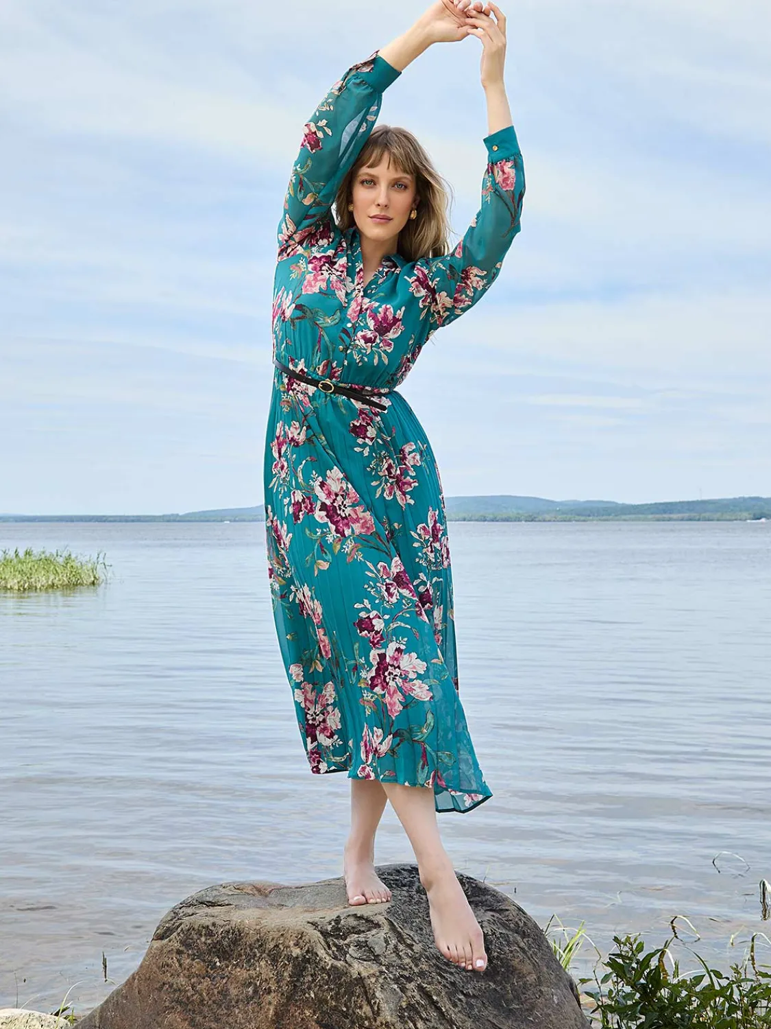 Suzy Shier Casual Dresses|Midi & Maxi>Floral Print Belted Chiffon Dress