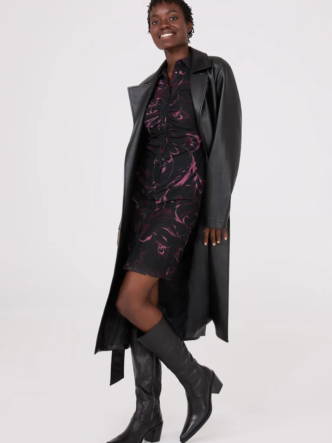 Suzy Shier Mini|Party Dresses>Floral Print Button-Front Gathered Mesh Dress