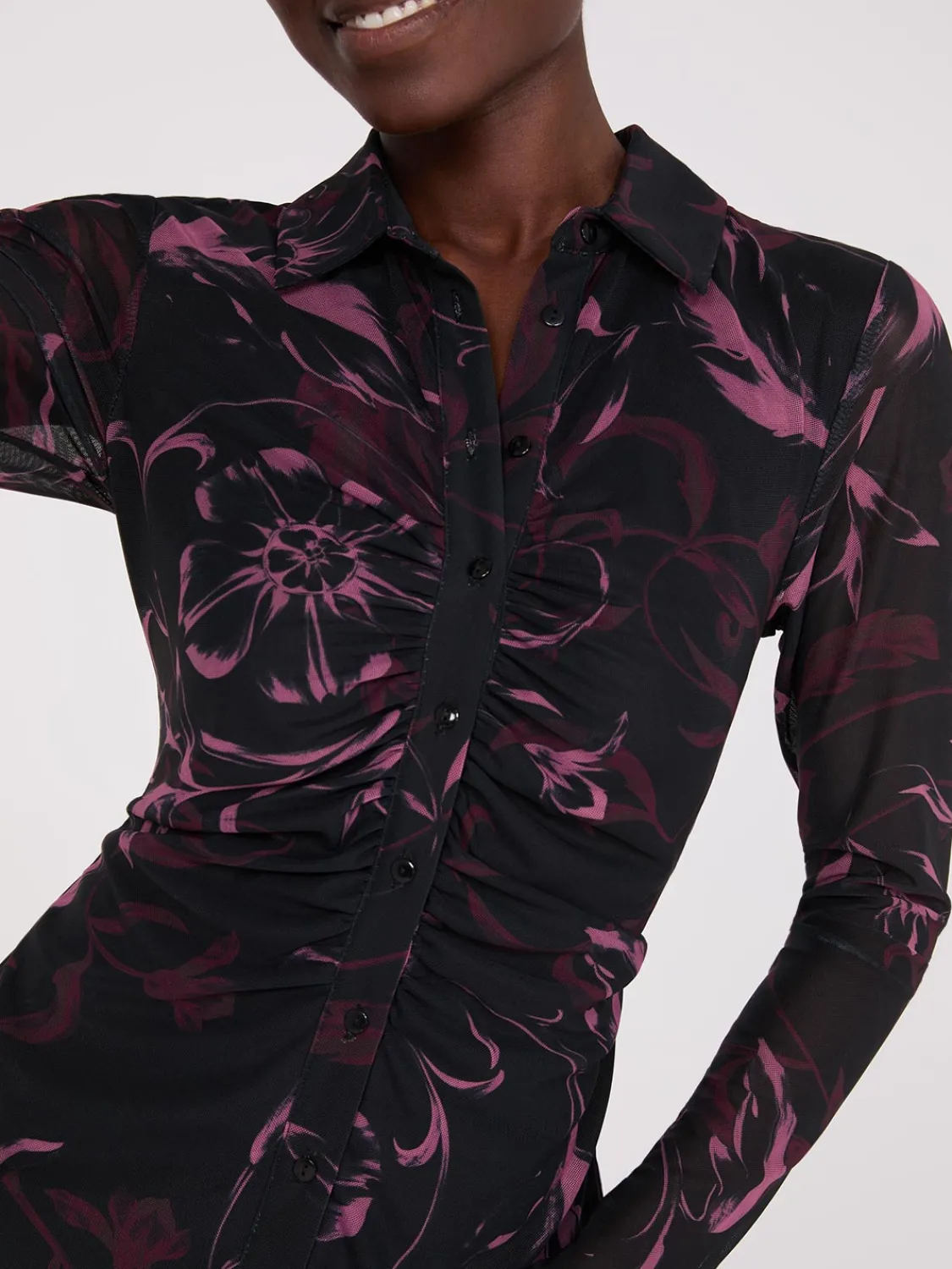 Suzy Shier Mini|Party Dresses>Floral Print Button-Front Gathered Mesh Dress