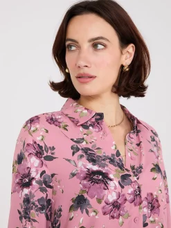 Suzy Shier Tops|Long Sleeve>Floral Print Chiffon Button-Front Blouse