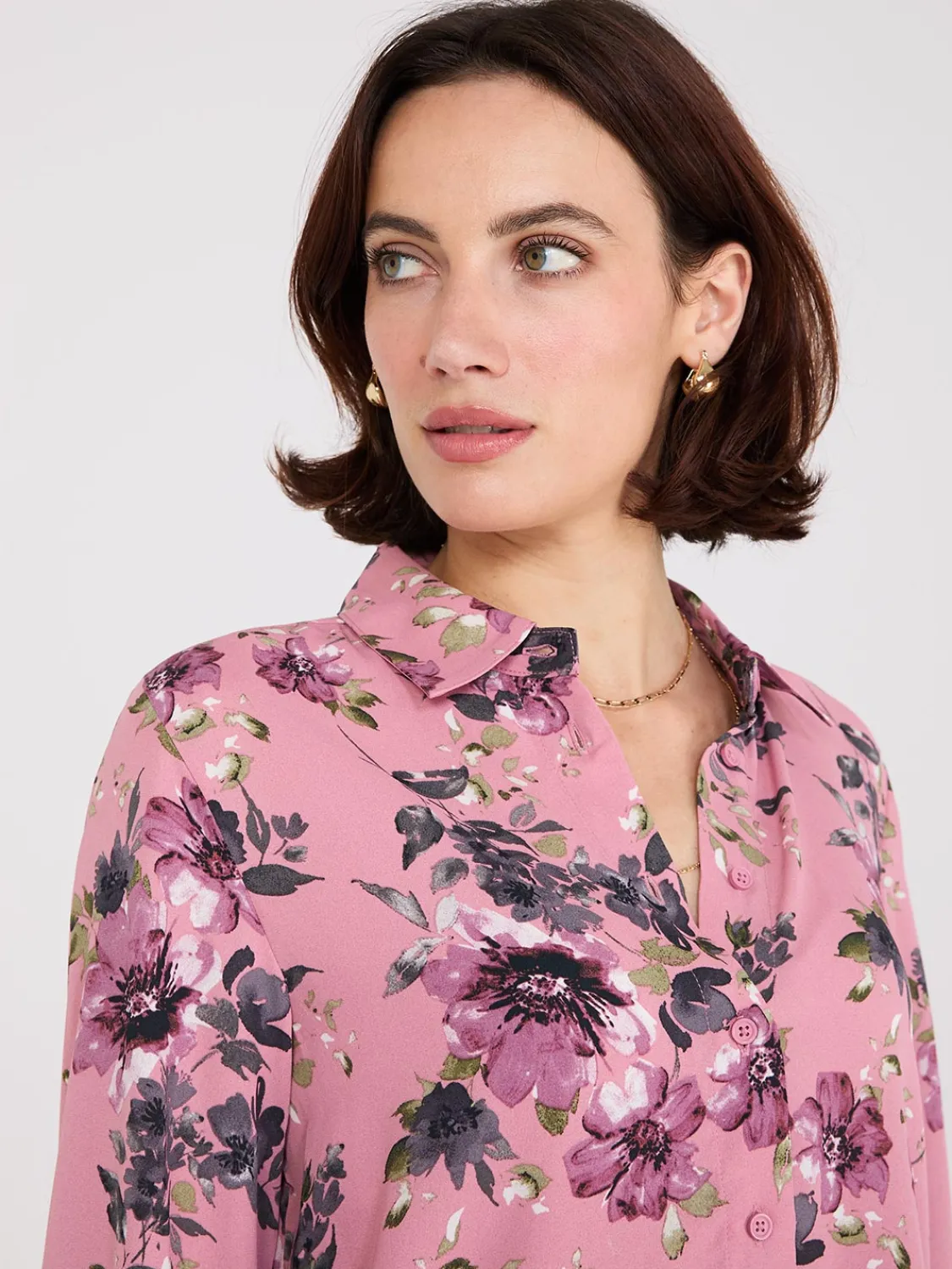 Suzy Shier Tops|Long Sleeve>Floral Print Chiffon Button-Front Blouse