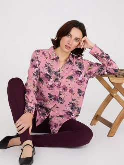 Suzy Shier Tops|Long Sleeve>Floral Print Chiffon Button-Front Blouse