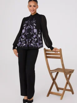 Suzy Shier Tops|Long Sleeve>Floral Print Chiffon Button-Front Flowy Blouse