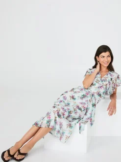 Suzy Shier Casual Dresses|Midi & Maxi>Floral Print Chiffon Midi Dress With Ruffle Details
