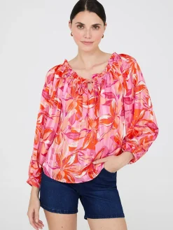 Suzy Shier Tops|Long Sleeve>Floral Print Chiffon Off-The-Shoulder Blouse