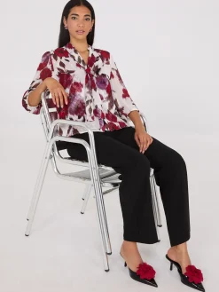 Suzy Shier Tops|Long Sleeve>Floral Print Chiffon Tie Neck Blouse