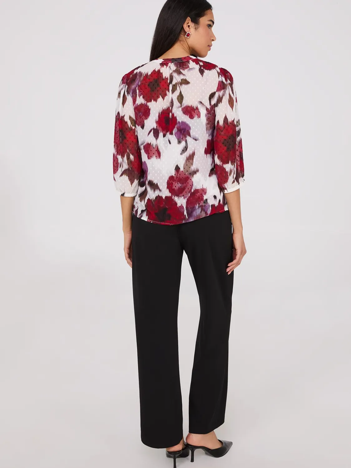 Suzy Shier Tops|Long Sleeve>Floral Print Chiffon Tie Neck Blouse
