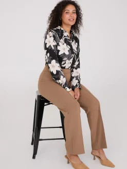 Suzy Shier Tops|Long Sleeve>Floral Print Crepe Chiffon Button-Front Blouse