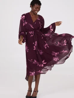 Suzy Shier Midi & Maxi>Floral Print Crossover Handkerchief Hem Dress