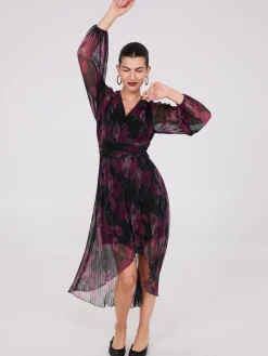 Suzy Shier Midi & Maxi|Party Dresses>Floral Print Crossover Plisse Midi Dress
