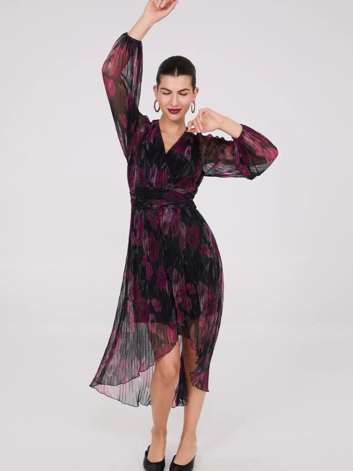 Suzy Shier Midi & Maxi|Party Dresses>Floral Print Crossover Plisse Midi Dress