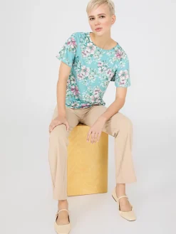 Suzy Shier Tops|Short Sleeve>Floral Print Flutter Sleeve Boat Neck Top