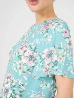 Suzy Shier Tops|Short Sleeve>Floral Print Flutter Sleeve Boat Neck Top