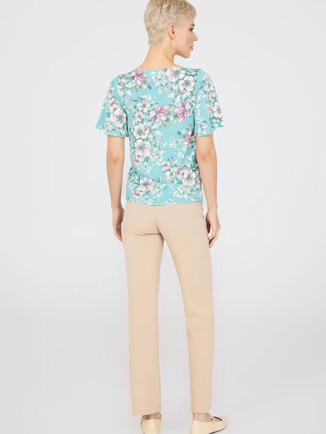 Suzy Shier Tops|Short Sleeve>Floral Print Flutter Sleeve Boat Neck Top
