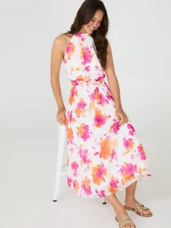 Suzy Shier Casual Dresses|Midi & Maxi>Floral Print Halter Neck Chiffon Midi Dress