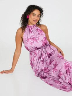 Suzy Shier Midi & Maxi>Floral Print Halter Neck Satin Maxi Dress