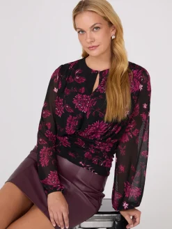 Suzy Shier Tops|Long Sleeve>Floral Print Mesh Top With Ruched Waistband