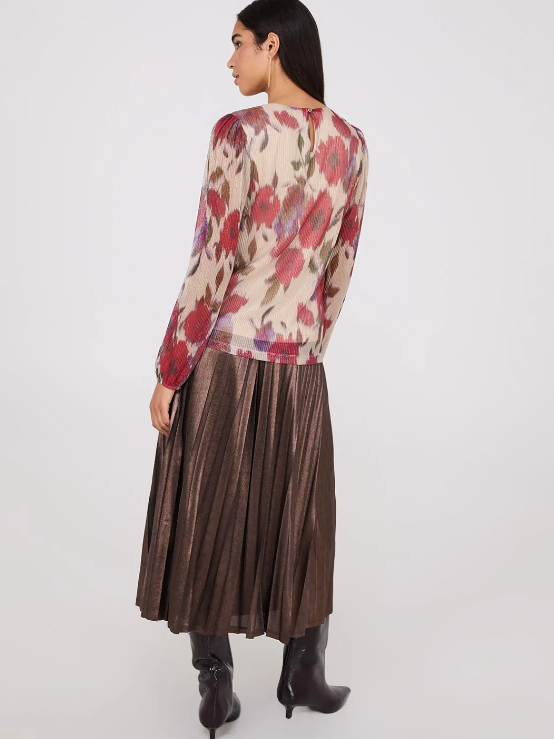 Suzy Shier Long Sleeve|Fashion Tops>Floral Print Metallic Plisse Mesh Top