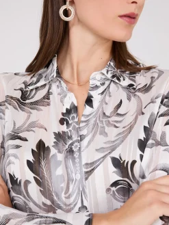 Suzy Shier Tops|Long Sleeve>Floral Print Metallic Shadow Stripe Chiffon Blouse