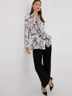 Suzy Shier Tops|Long Sleeve>Floral Print Metallic Shadow Stripe Chiffon Blouse