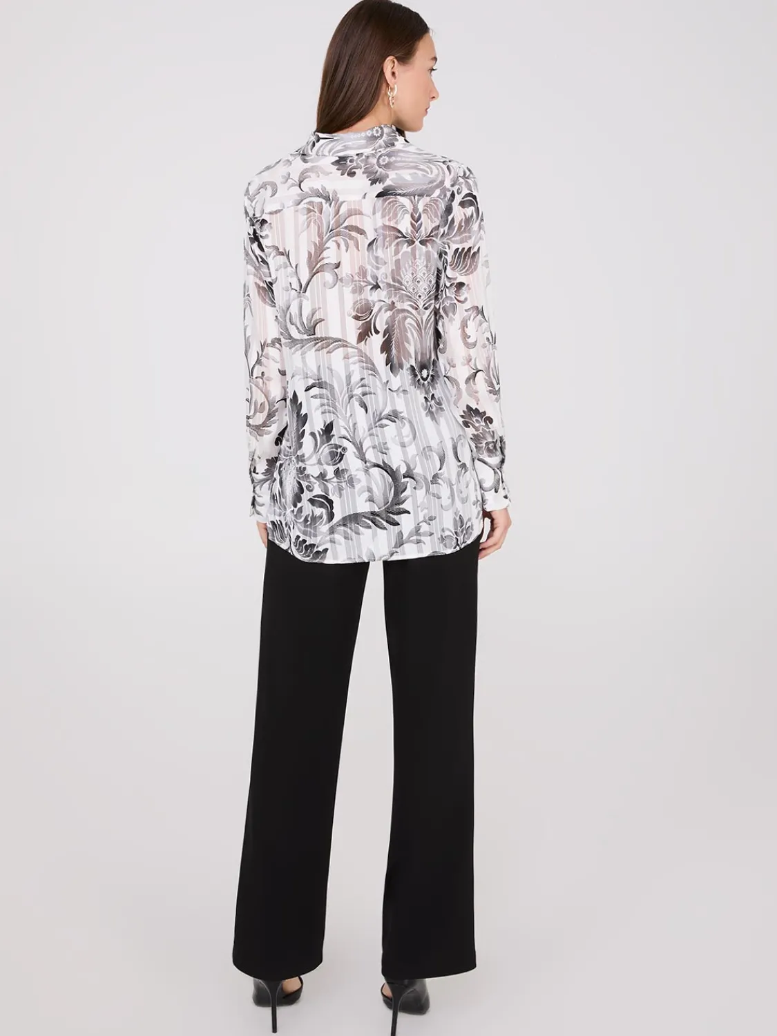 Suzy Shier Tops|Long Sleeve>Floral Print Metallic Shadow Stripe Chiffon Blouse