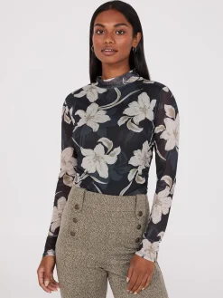 Suzy Shier Tops|Long Sleeve>Floral Print Mock Neck Mesh Top