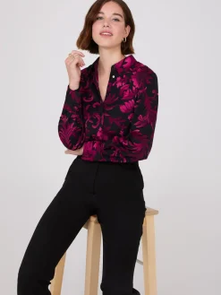 Suzy Shier Tops|Long Sleeve>Floral Print Rounded Hem Blouse