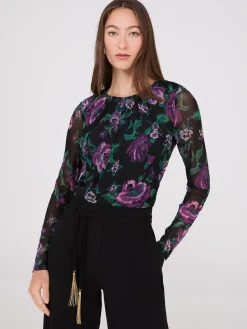 Suzy Shier Tops|Long Sleeve>Floral Print Ruched Mesh Top