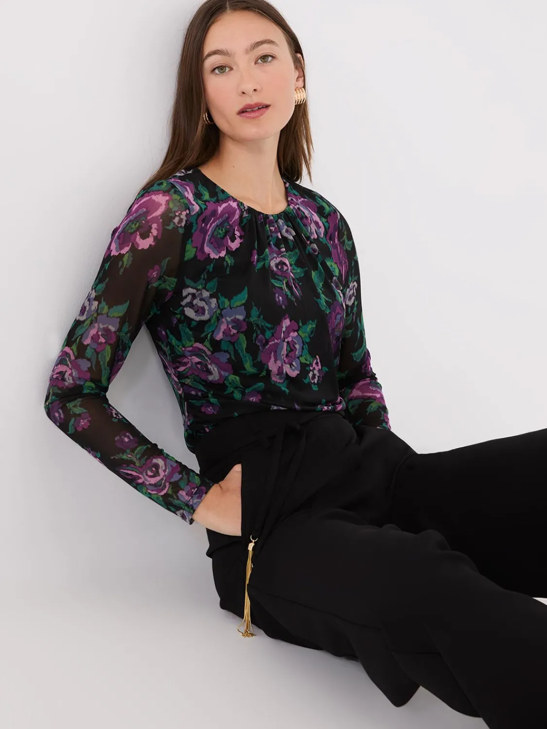 Suzy Shier Tops|Long Sleeve>Floral Print Ruched Mesh Top