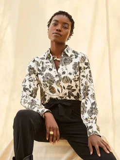 Suzy Shier Tops|Long Sleeve>Floral Print Satin Button-Front Blouse