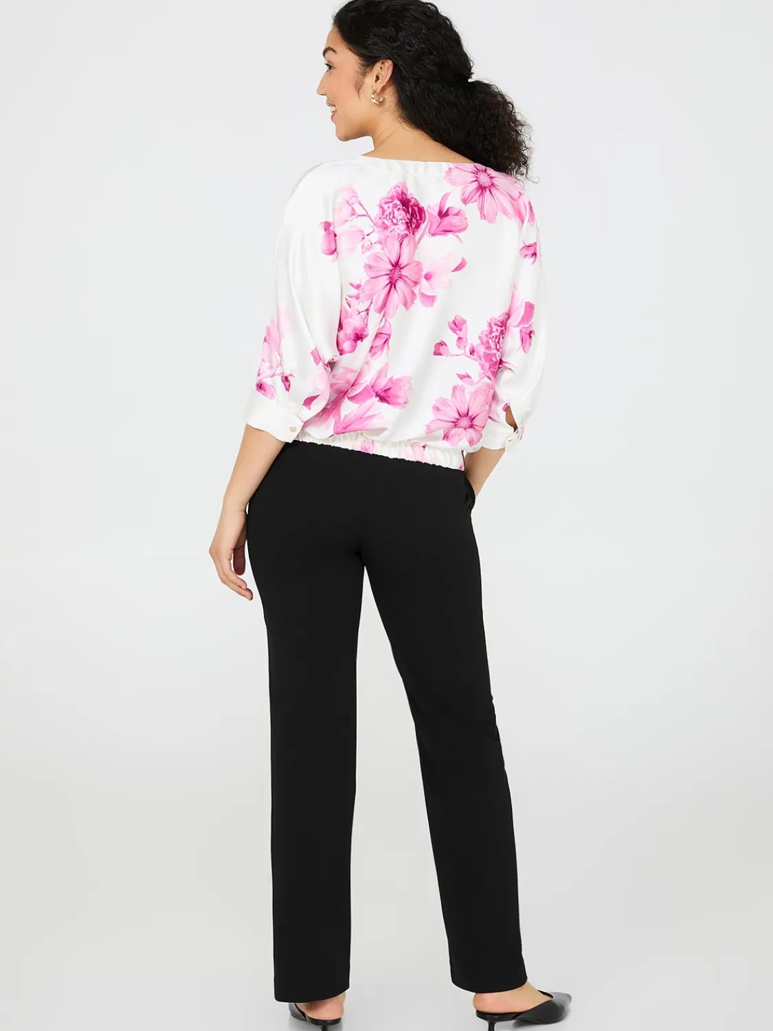 Suzy Shier Tops|Short Sleeve>Floral Print Satin Dolman Sleeve Top
