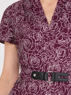 Suzy Shier Midi & Maxi>Floral Print Shawl Collar Belted Midi Dress