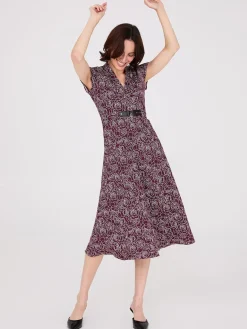 Suzy Shier Midi & Maxi>Floral Print Shawl Collar Belted Midi Dress